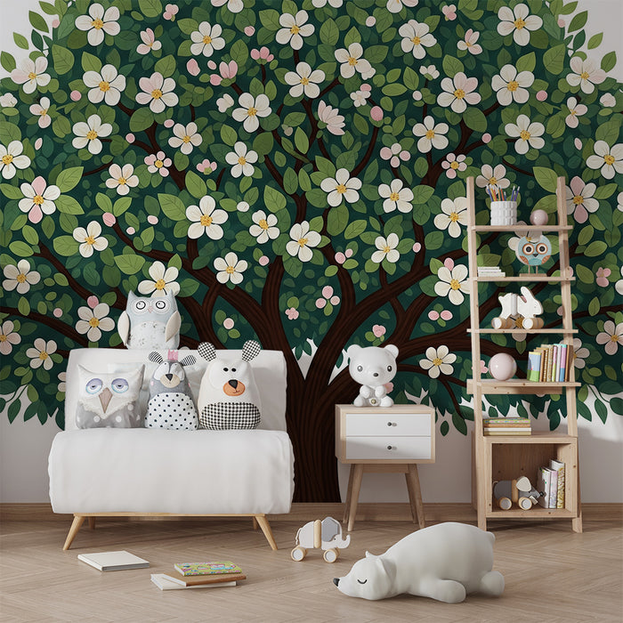 Papel de parede para quarto de bebé | Árvore florida com flores brancas e folhas verdes