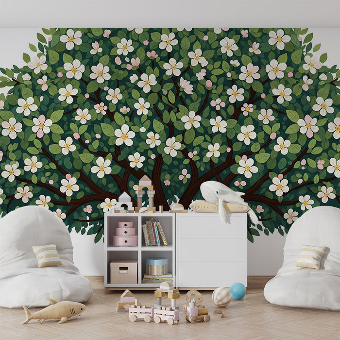 Papel de parede para quarto de bebé | Árvore florida com flores brancas e folhas verdes