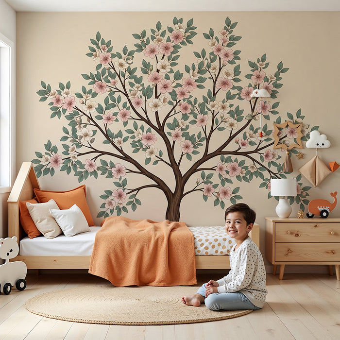 Nursery Wallpaper | Flowering Tree with Delicate Blossoms and Soothing Foliage