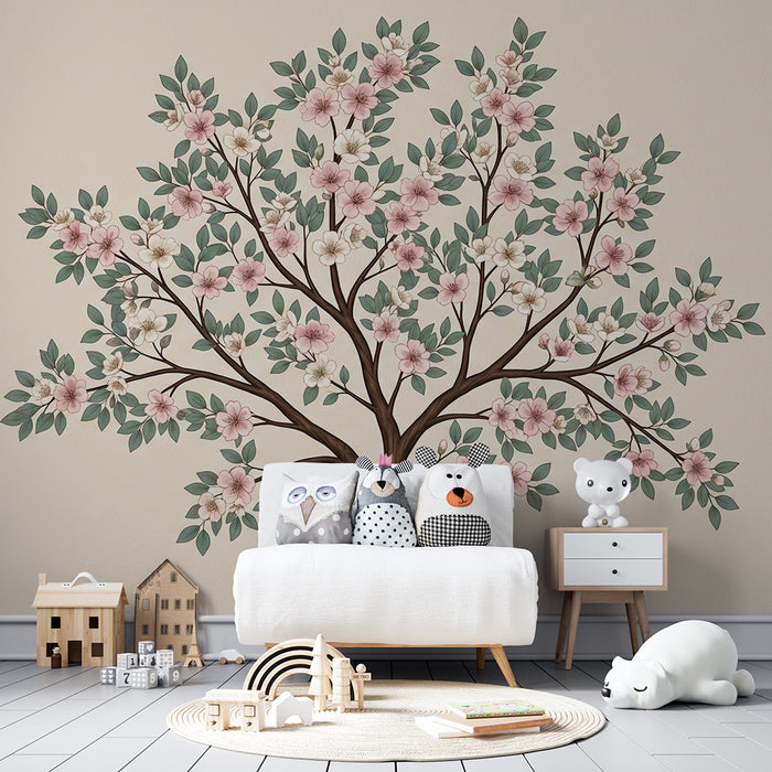 Nursery Wallpaper | Flowering Tree with Delicate Blossoms and Soothing Foliage