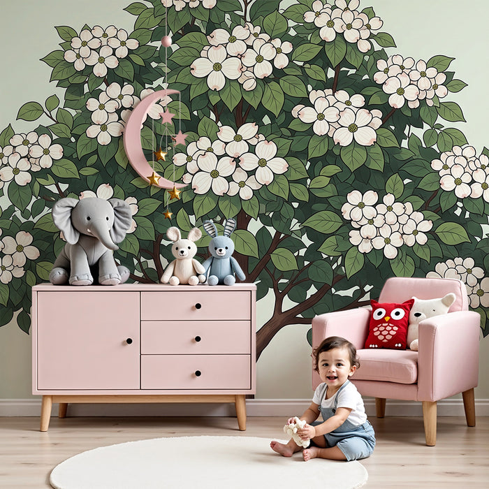 Hier ist die Übersetzung für den deutschen E-Commerce-Kontext:

**Babyzimmer Tapete | Blühender Baum mit zarten Blüten und grünem Laub**