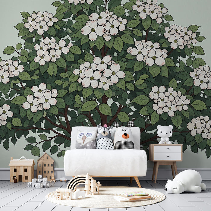Hier ist die Übersetzung für den deutschen E-Commerce-Kontext:

**Babyzimmer Tapete | Blühender Baum mit zarten Blüten und grünem Laub**