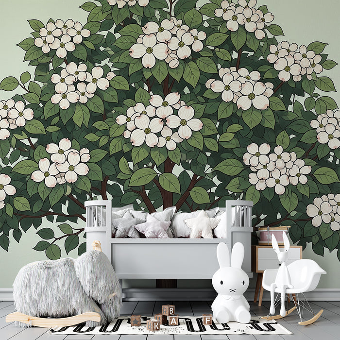 Hier ist die Übersetzung für den deutschen E-Commerce-Kontext:

**Babyzimmer Tapete | Blühender Baum mit zarten Blüten und grünem Laub**