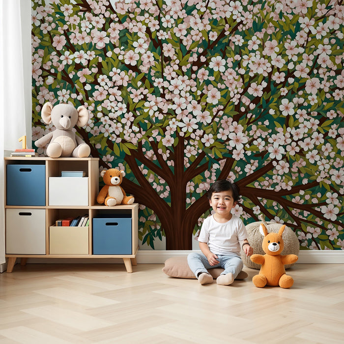 Papier peint chambre bébé | Arbre fleuri avec des fleurs roses et feuillage verdoyant