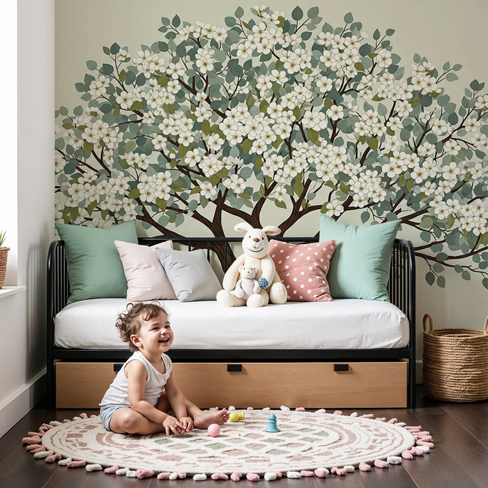 Papier peint chambre bébé | Arbre fleuri avec feuillage blanc
