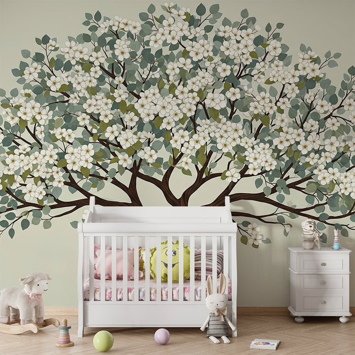 Papier peint chambre bébé | Arbre fleuri avec feuillage blanc