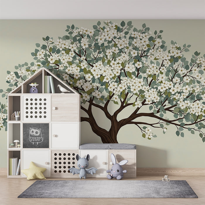 Papier peint chambre bébé | Arbre fleuri avec feuillage blanc
