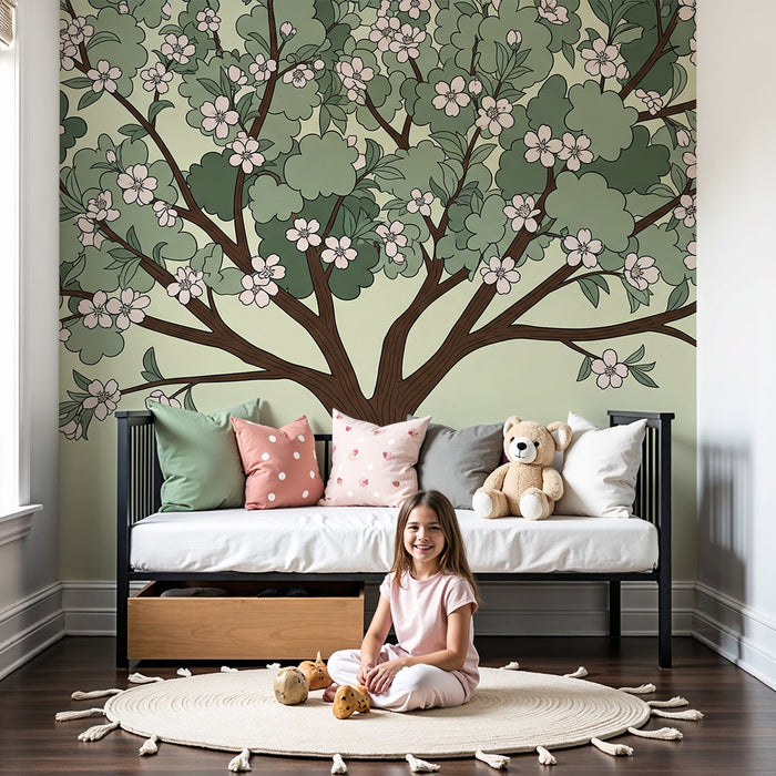 Nursery Wallpaper | Delicate Flowering Tree with Foliage