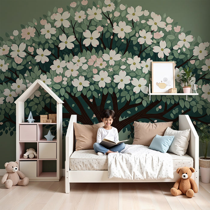 Nursery Wallpaper | Delicate Leafy Tree on a Green Background