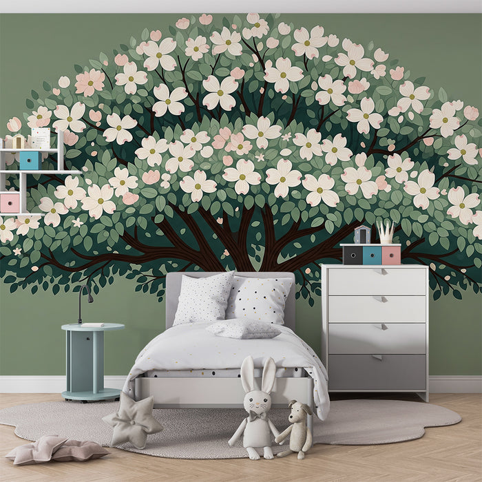 Nursery Wallpaper | Delicate Leafy Tree on a Green Background