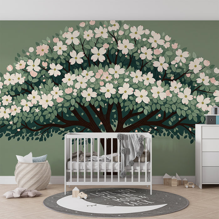 Nursery Wallpaper | Delicate Leafy Tree on a Green Background