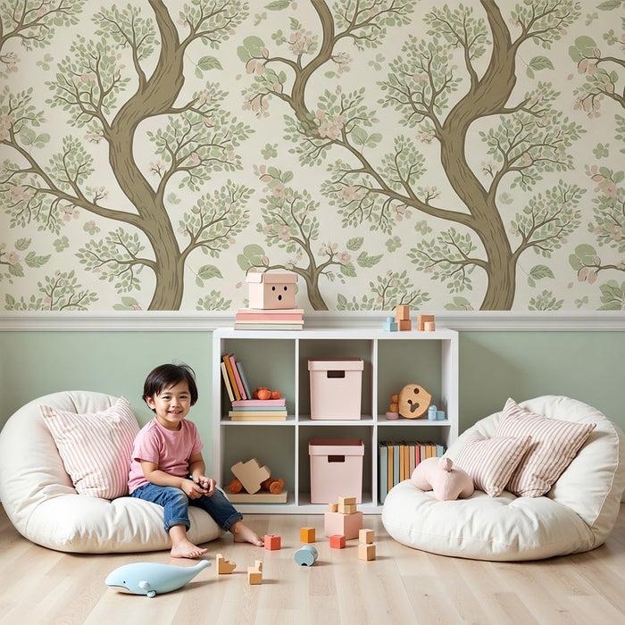 Tapete fürs Babyzimmer | Blühender Baum mit weichem, pastellfarbenem Laub