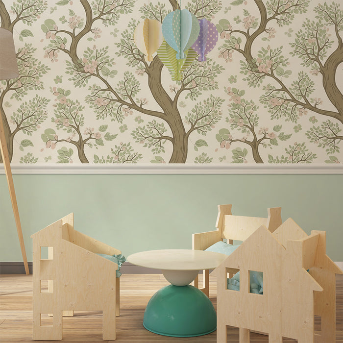 Tapete fürs Babyzimmer | Blühender Baum mit weichem, pastellfarbenem Laub