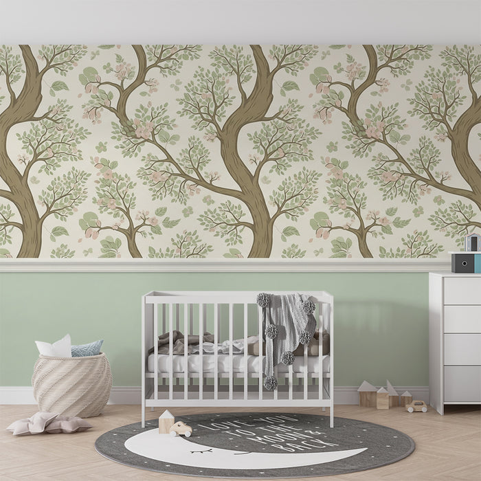 Tapete fürs Babyzimmer | Blühender Baum mit weichem, pastellfarbenem Laub