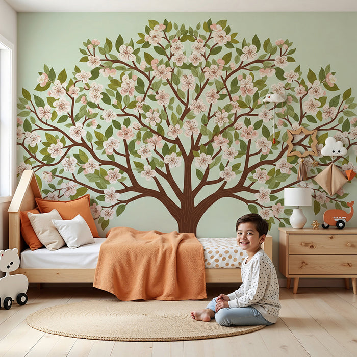 Nursery Wallpaper | Flowering Tree with Delicate Blossoms on a Pastel Background