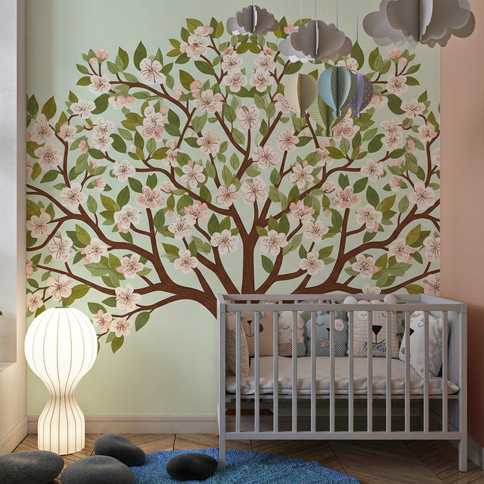 Nursery Wallpaper | Flowering Tree with Delicate Blossoms on a Pastel Background