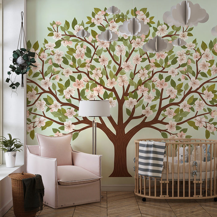 Nursery Wallpaper | Flowering Tree with Delicate Blossoms on a Pastel Background