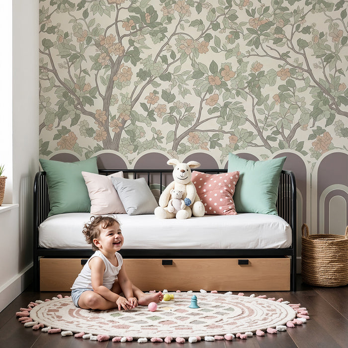 Baby nursery wallpaper | Flowering tree with soft geometric patterns