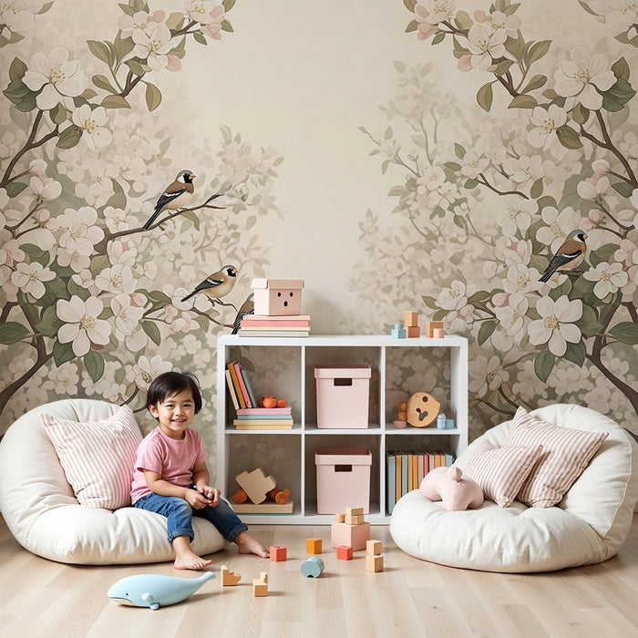 Papier peint chambre bébé | Arbre fleuri avec oiseaux chantants