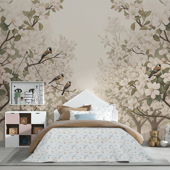 Papier peint chambre bébé | Arbre fleuri avec oiseaux chantants