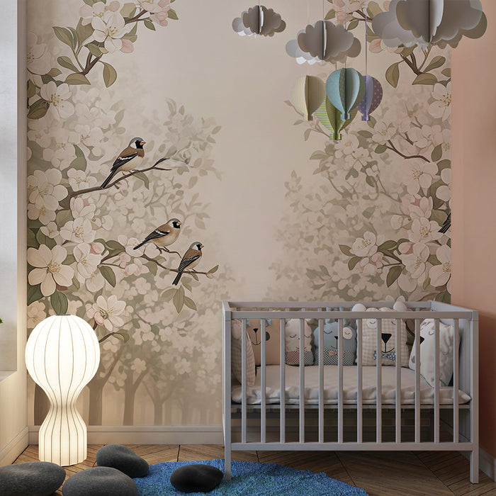 Papier peint chambre bébé | Arbre fleuri avec oiseaux chantants
