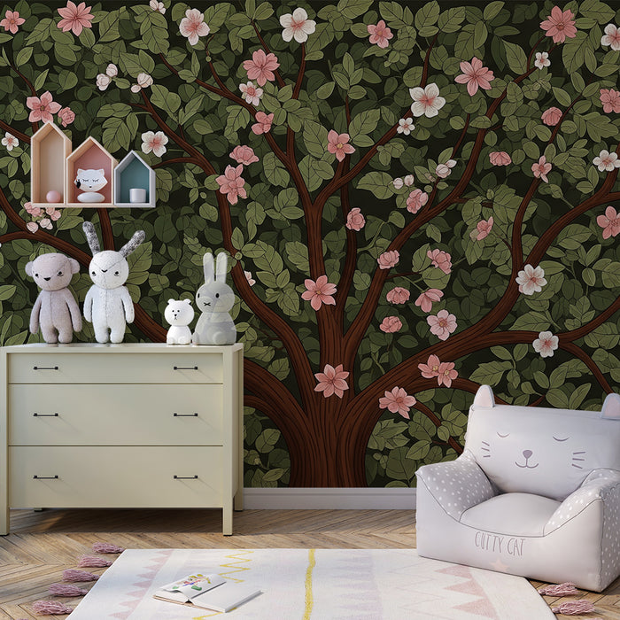 **Tapete fürs Babyzimmer | Blühender Baum mit bunten Vögeln und üppigem Blattwerk**