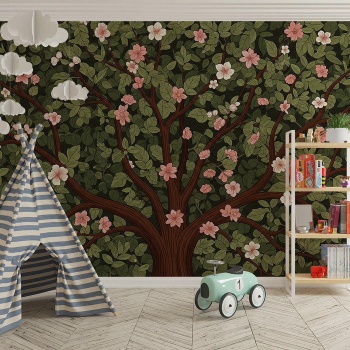 **Tapete fürs Babyzimmer | Blühender Baum mit bunten Vögeln und üppigem Blattwerk**