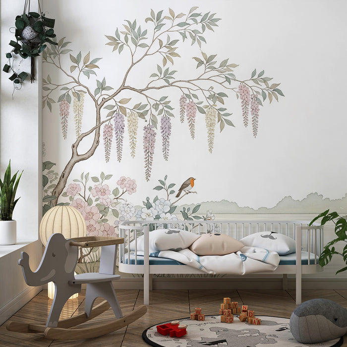 Papel de parede quarto bebê | Cvetlično drevo in ptice ob vodi