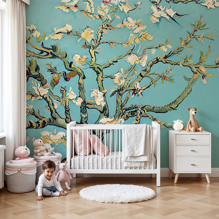 Børneværelse tapet | Blomstrende træ på beroligende blå baggrund