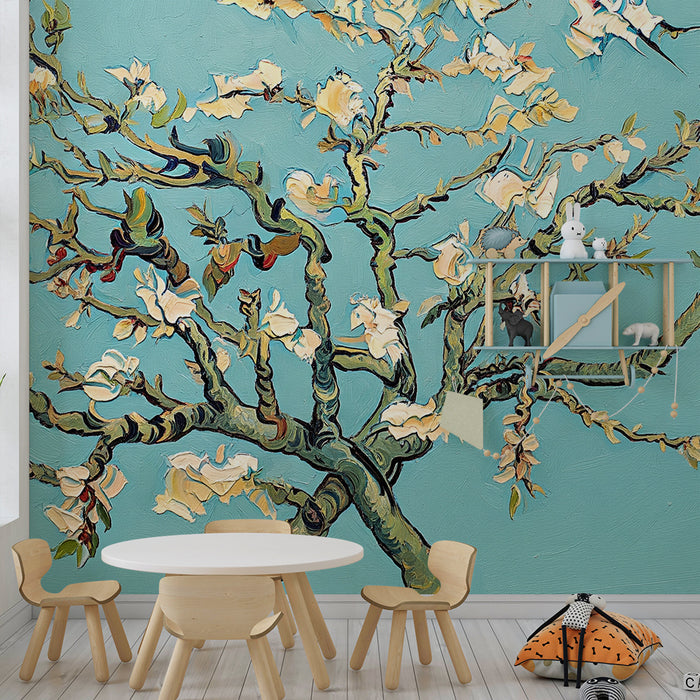 Børneværelse tapet | Blomstrende træ på beroligende blå baggrund