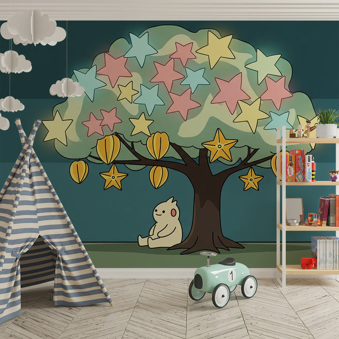 Dětské tapety | Kouzelný strom s barevnými hvězdičkami a medvídkem