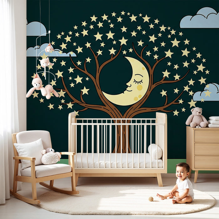 Papel pintado para habitación infantil | Árbol mágico con luna sonriente y estrellas brillantes