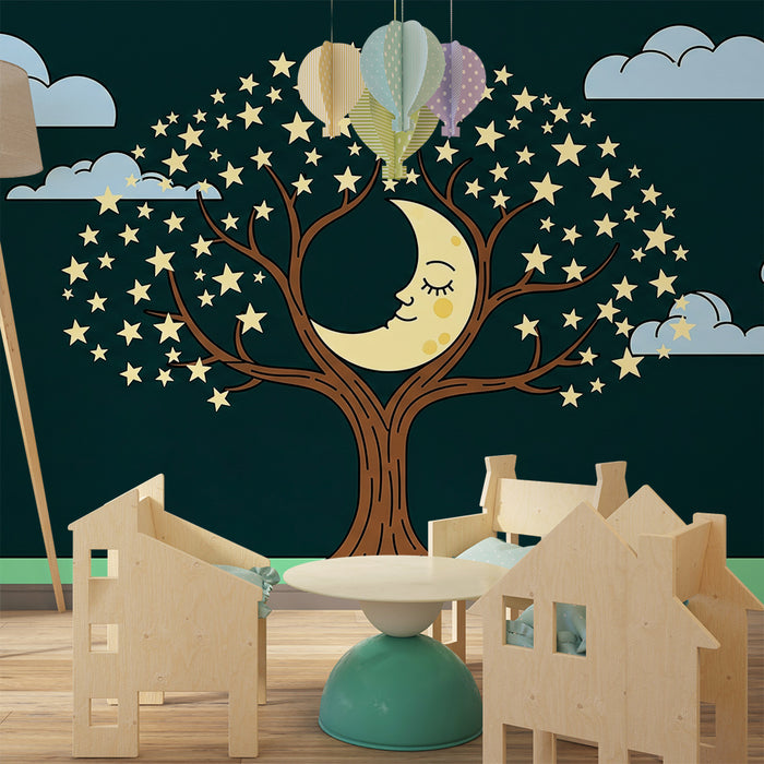 Papel pintado para habitación infantil | Árbol mágico con luna sonriente y estrellas brillantes