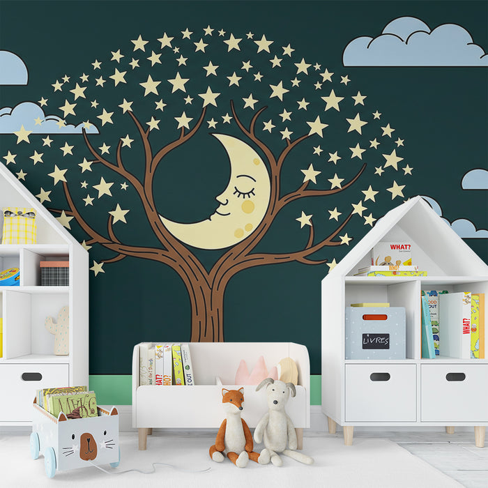 Papel pintado para habitación infantil | Árbol mágico con luna sonriente y estrellas brillantes