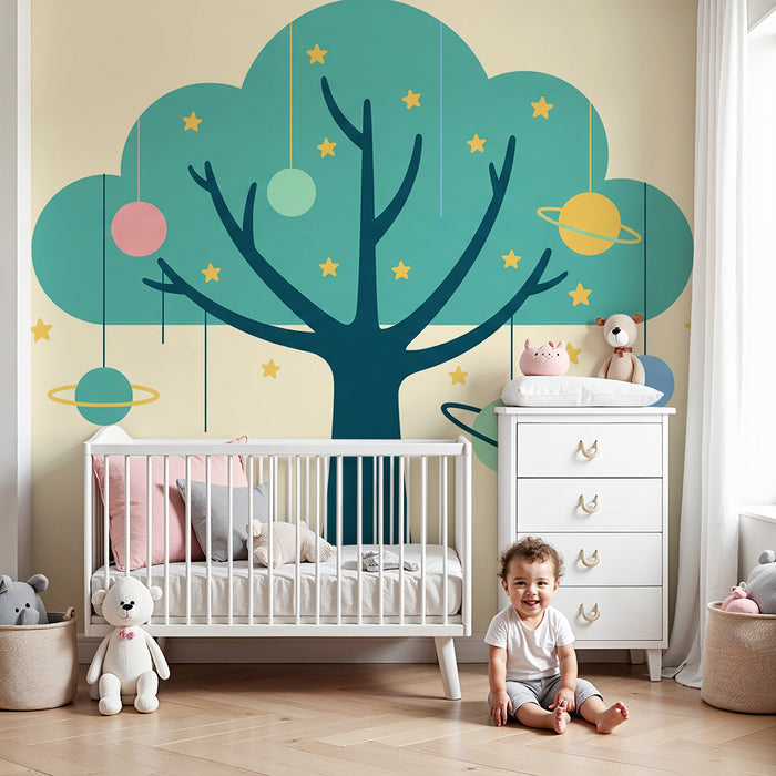 Babykamer behang | Magische boom met zwevende planeten en sterren