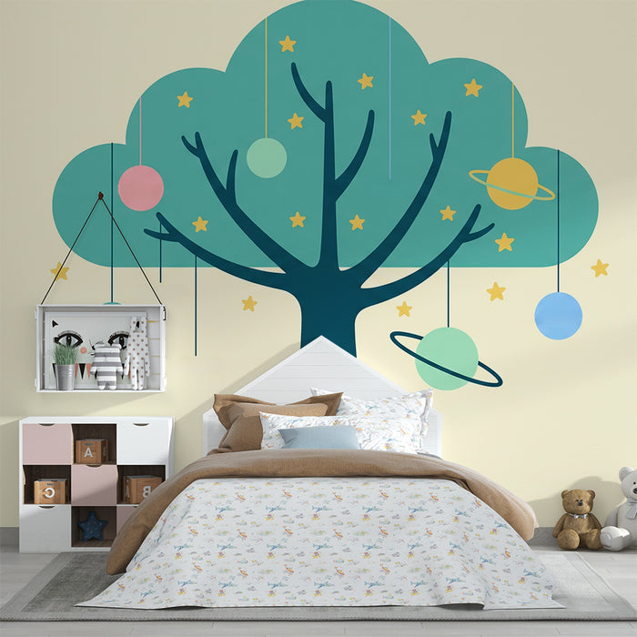 Babykamer behang | Magische boom met zwevende planeten en sterren