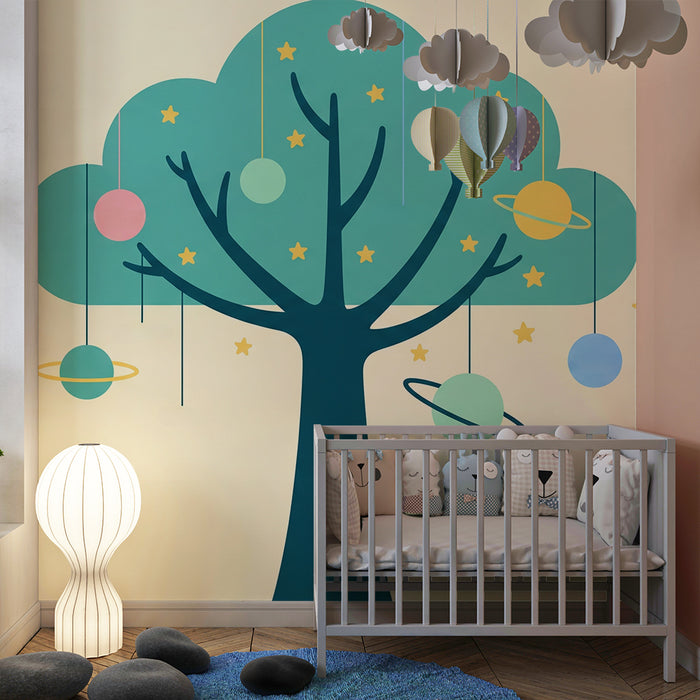 Babykamer behang | Magische boom met zwevende planeten en sterren