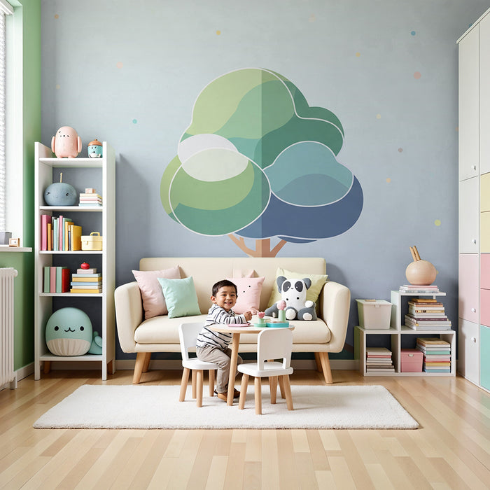 Тапети за детска стая | Стилизирано дърво с нежни цветове и забавни мотиви