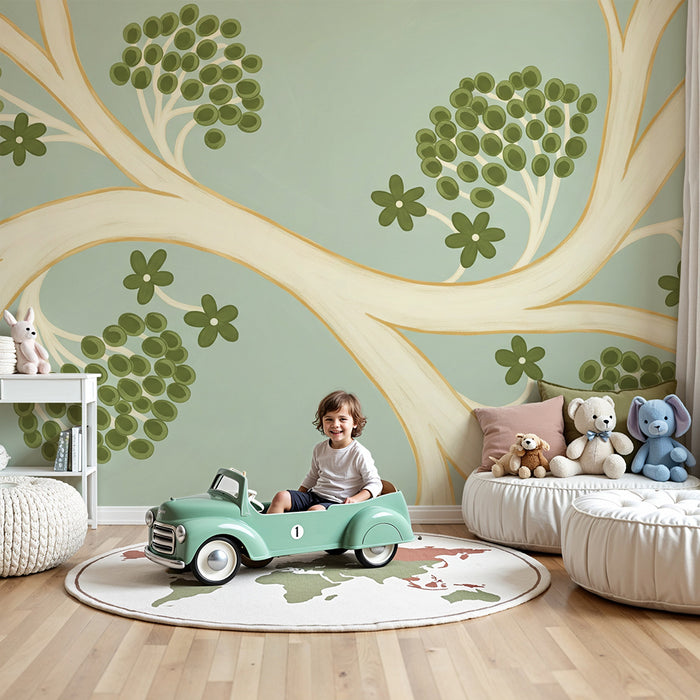 Baby room wallpaper | Stylized tree with green leaves and delicate flowers