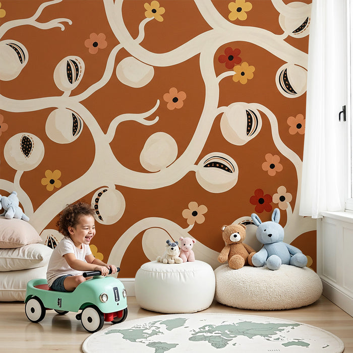 Babyzimmer Tapete | Stilisierter Baum mit Blüten und Früchten auf Terrakotta-Hintergrund