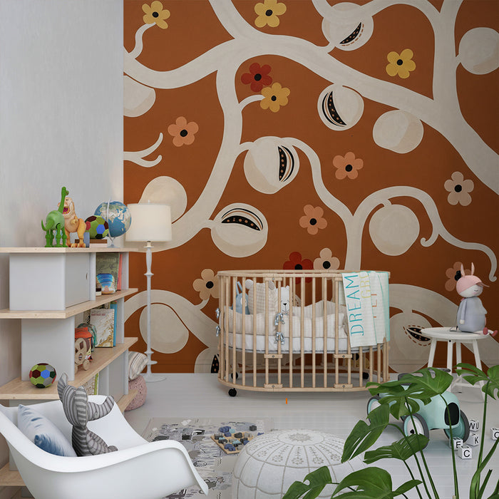Babyzimmer Tapete | Stilisierter Baum mit Blüten und Früchten auf Terrakotta-Hintergrund