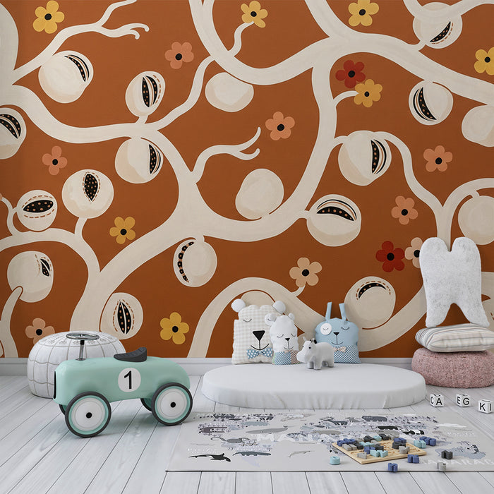 Babyzimmer Tapete | Stilisierter Baum mit Blüten und Früchten auf Terrakotta-Hintergrund