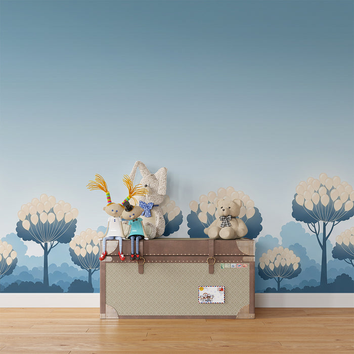 Papier peint chambre bébé | Arbres aux ballons dans un ciel apaisant