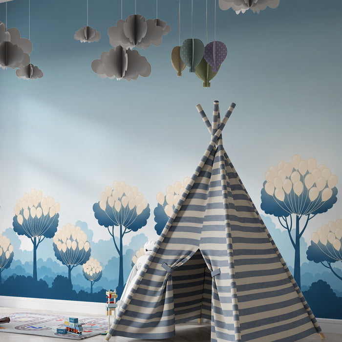 Papier peint chambre bébé | Arbres aux ballons dans un ciel apaisant