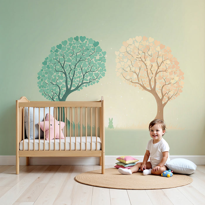 Carta da parati bambini | Alberi con cuori e coniglio in un paesaggio dolce