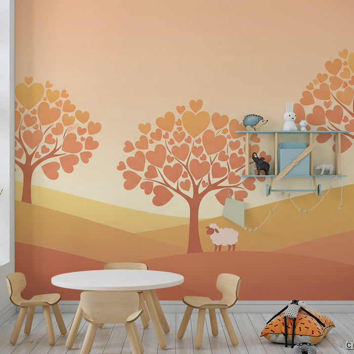 Børneværelse tapet | Træer med hjerteformede blade og får i et blidt landskab