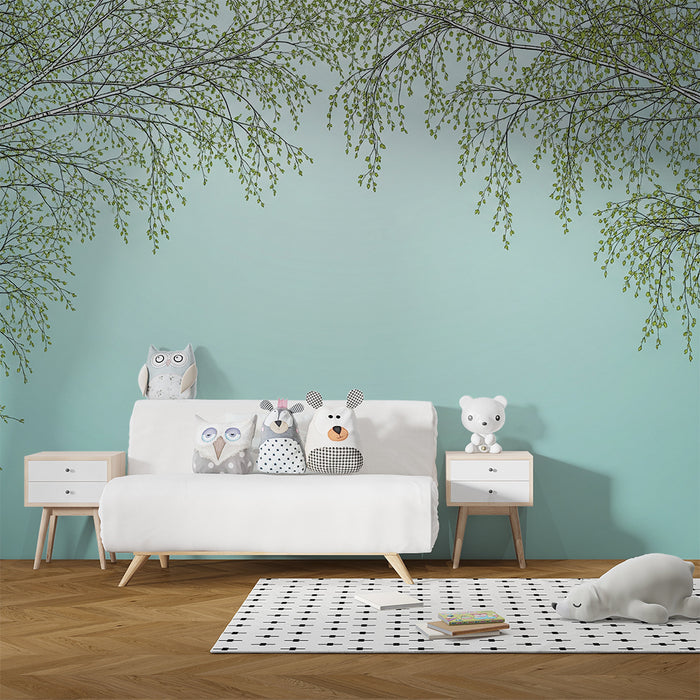 Behang kinderkamer | Berkenbomen met groen bladerdek op lichtblauwe achtergrond