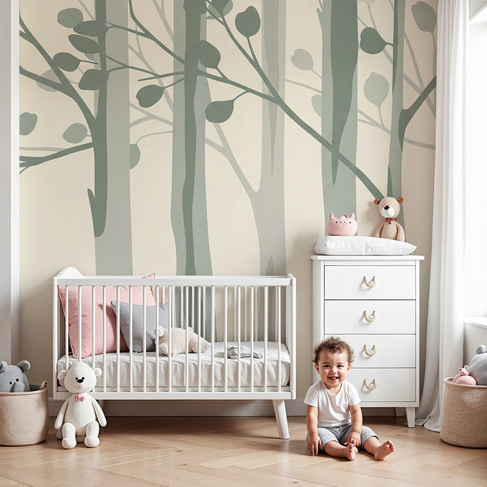 Papel pintado habitación bebé | Árboles delicados con follaje suave en tonos verdes
