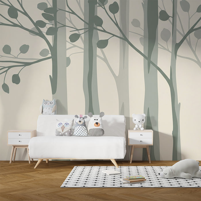 Papel pintado habitación bebé | Árboles delicados con follaje suave en tonos verdes