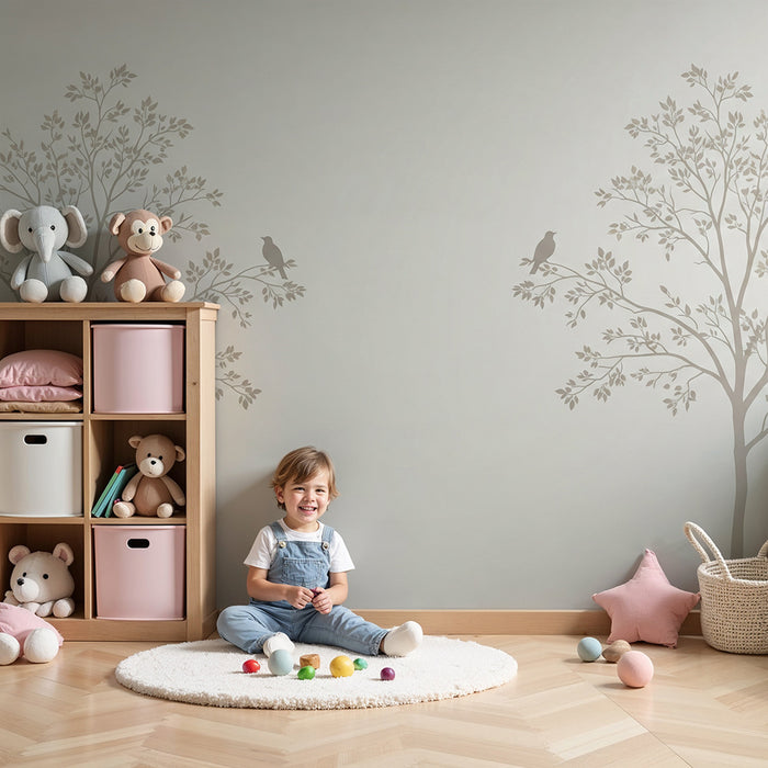 Papier peint chambre bébé | Arbres délicats avec oiseaux sur fond doux